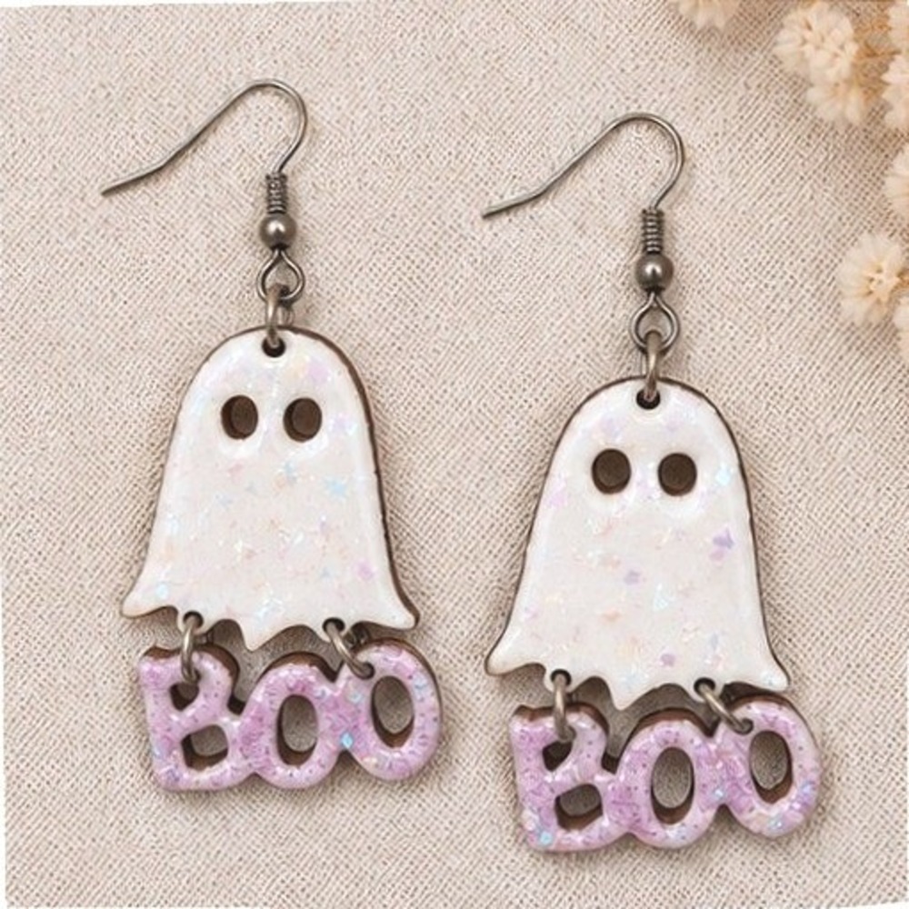 Handmade Ghost Boo Earrings White Purple New Resin Halloween Dangle Halloween